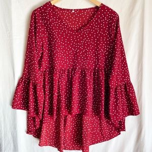 Flowy Red Polka Dot High Low Bell Sleeve Blouse